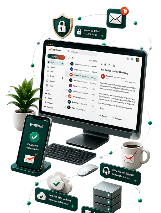 WOWmail webmail on desktop and mobile with security badges